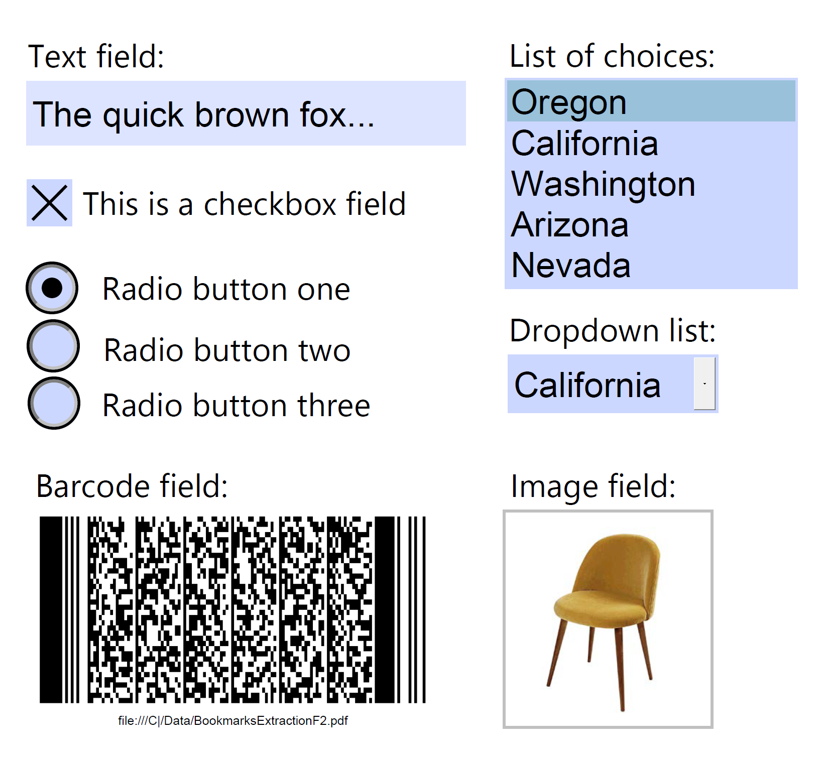 Examples of different PDF field types