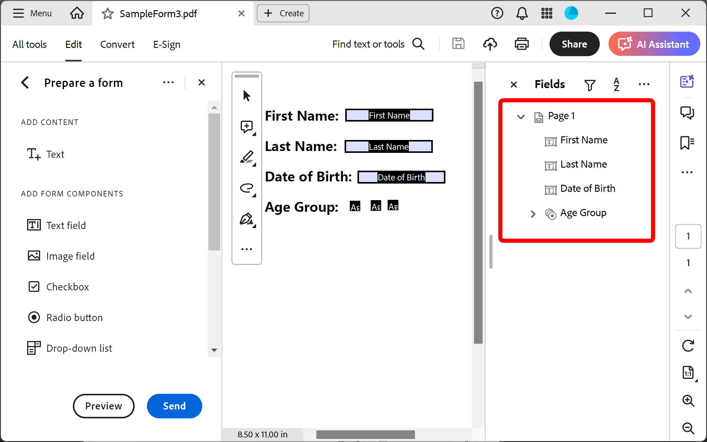 Fields list in the new interface