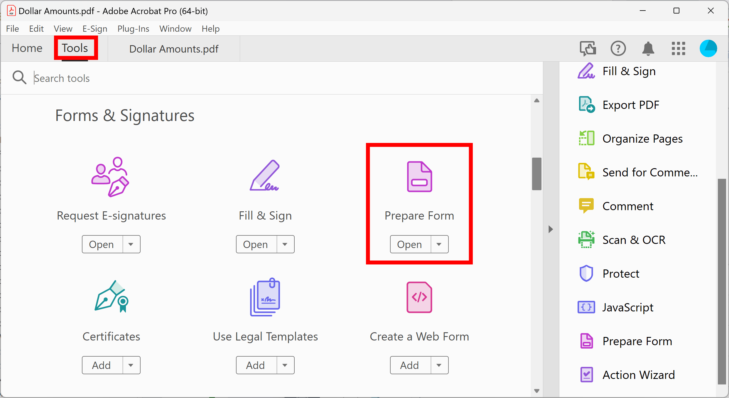 Locating Prepare Form tool in classic Adobe Acrobat interface