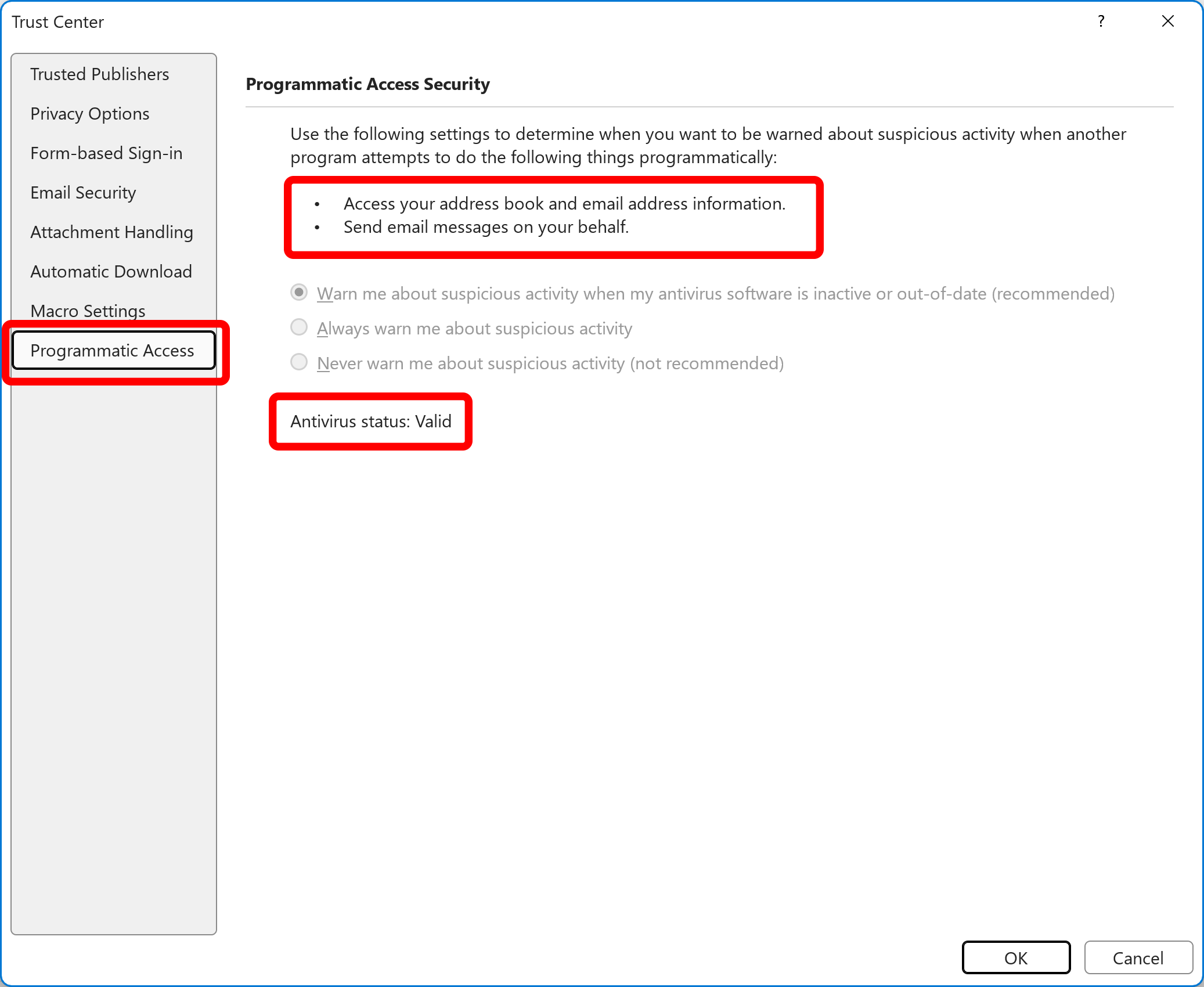 Access Trust Center settings