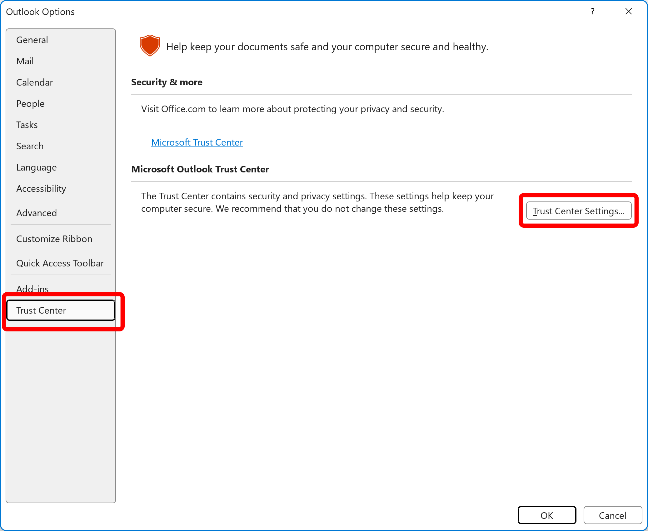 Access Trust Center settings