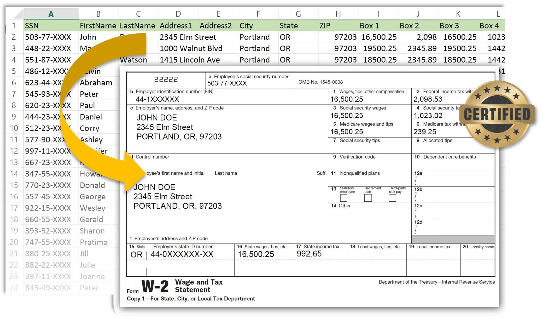 Excel spreadsheet data populating multiple W-2 tax forms automatically