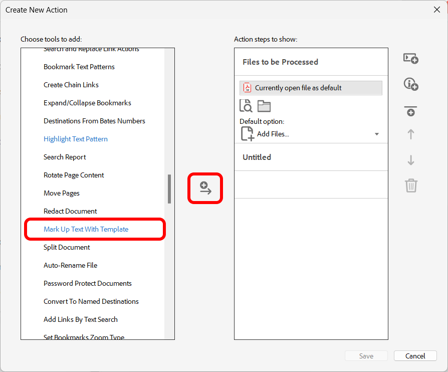 Find and add markup text with template command