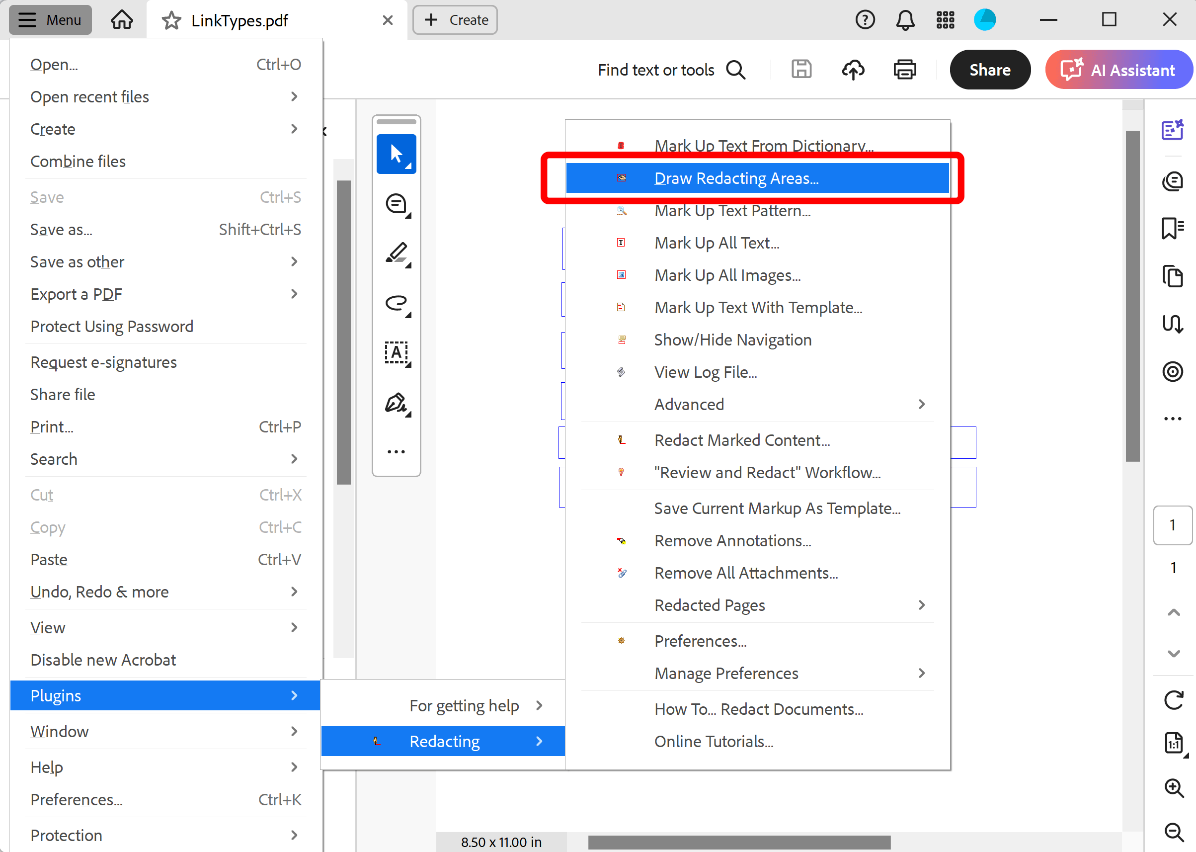 Select Draw Redacting Areas from the menu