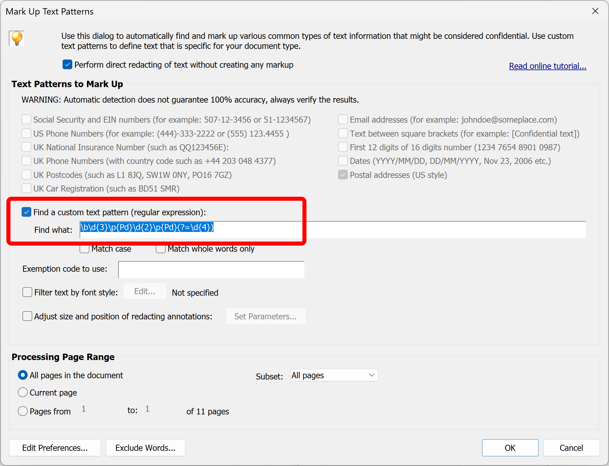 Use a custom regular expression to redact a part of the SSN