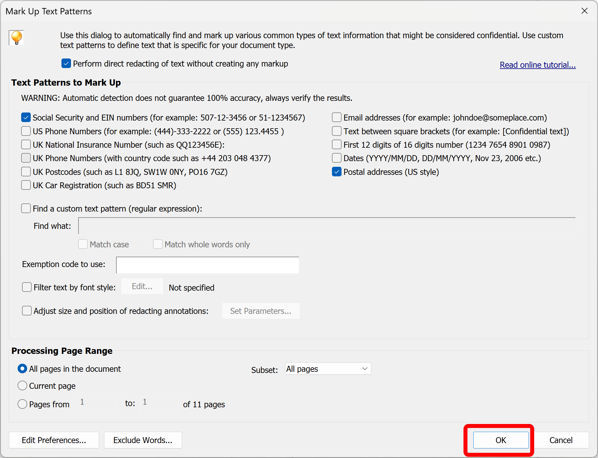 Select processing page range