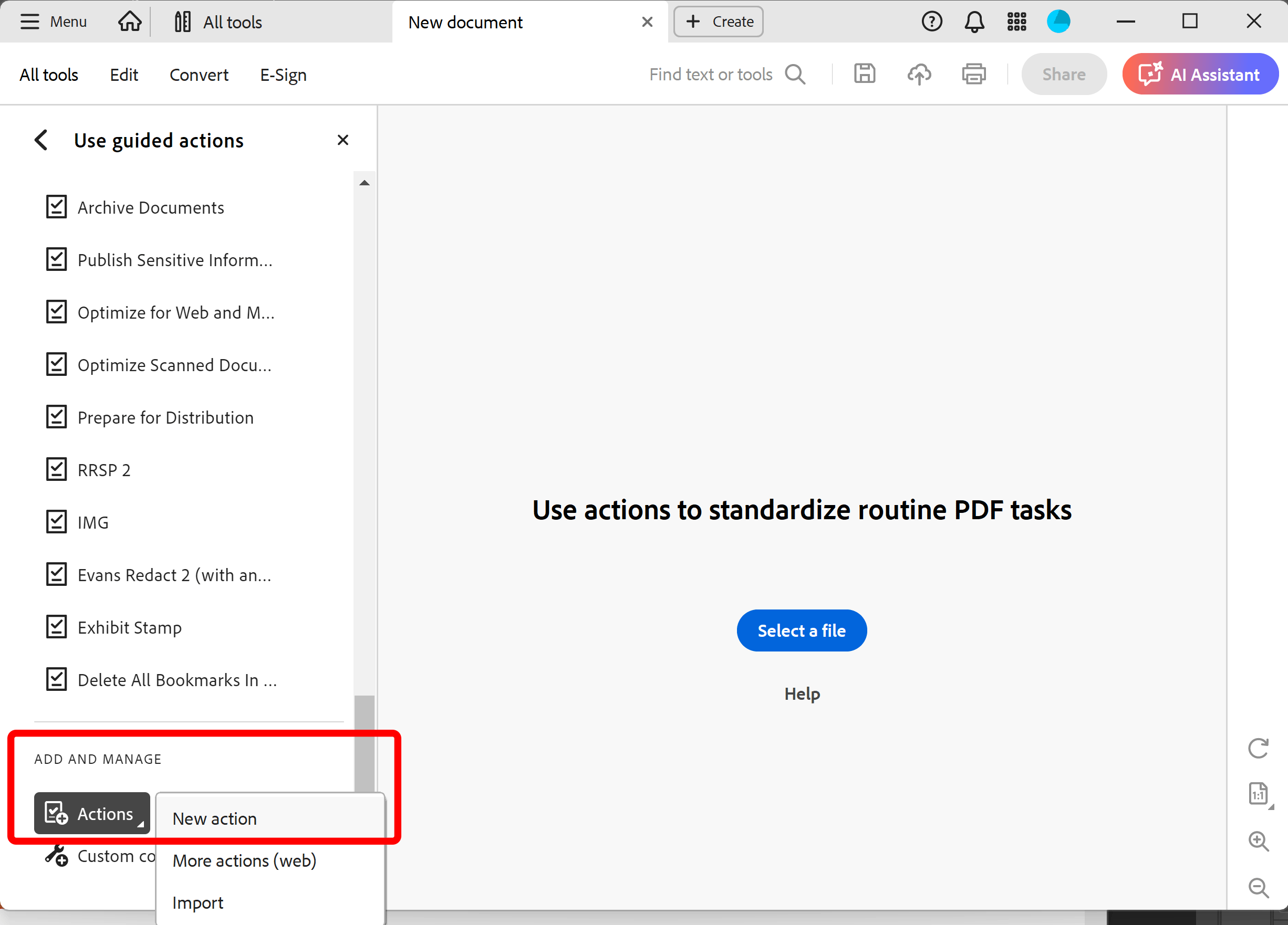 Select new action from the menu