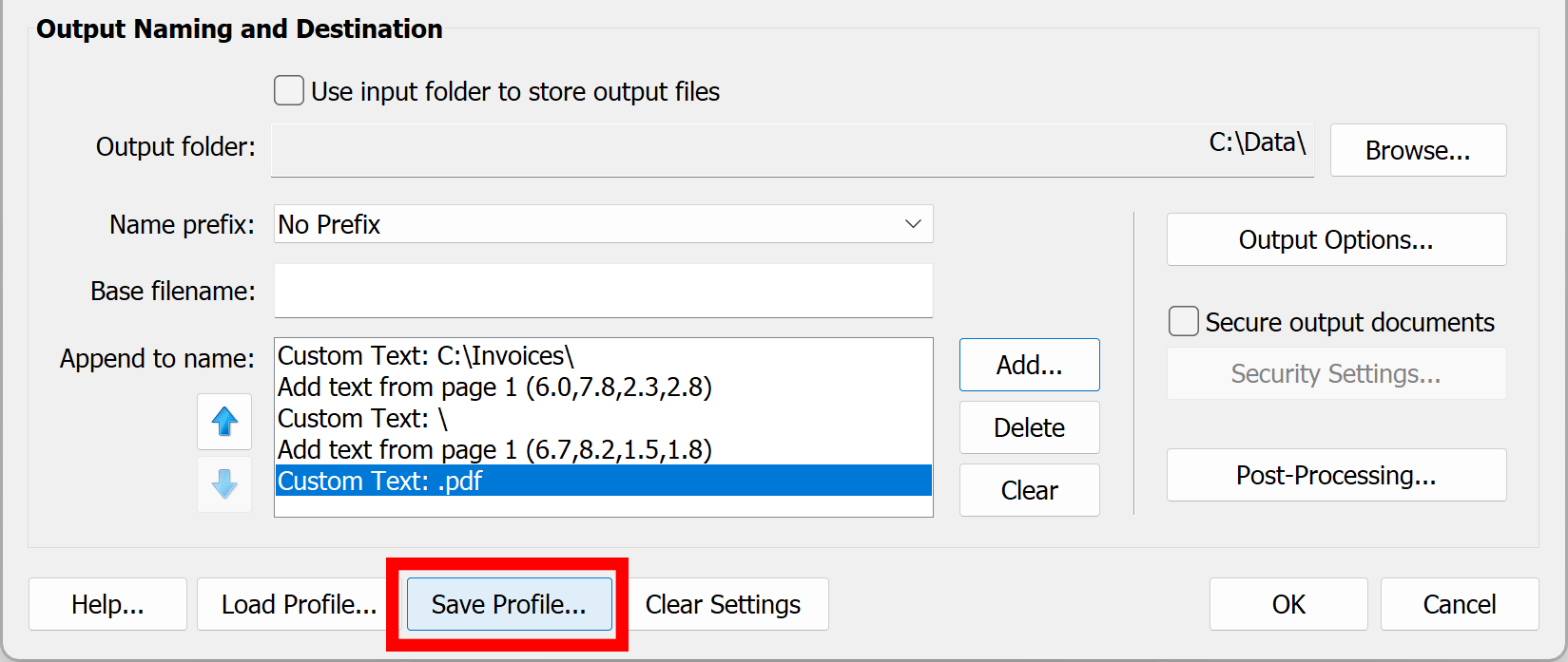 Optionally, press Save Profile button to save settings into a file