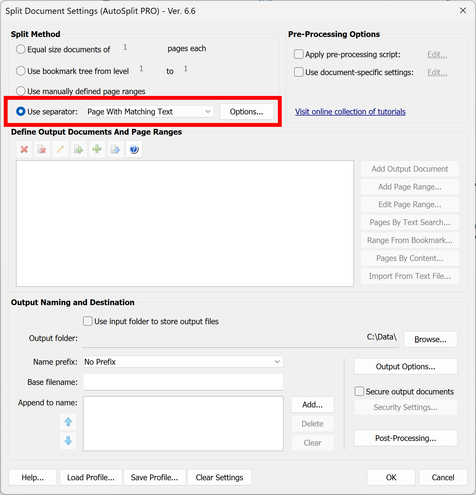 Select Page with Matching Text splitting option