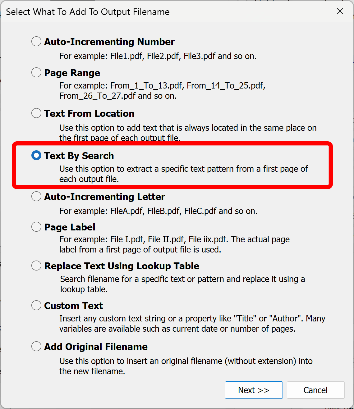 Select the Text By Search option