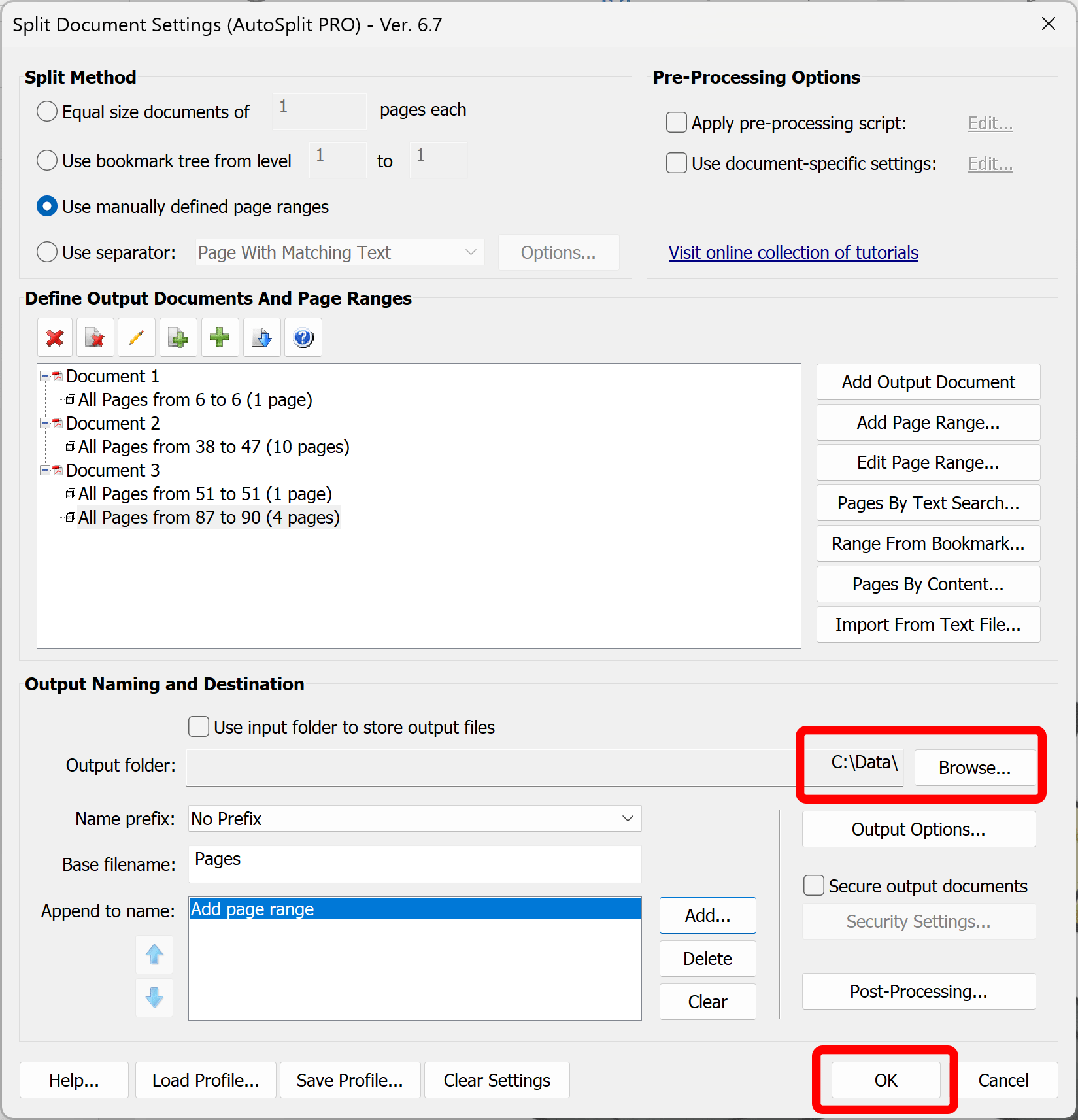 Specify output folder