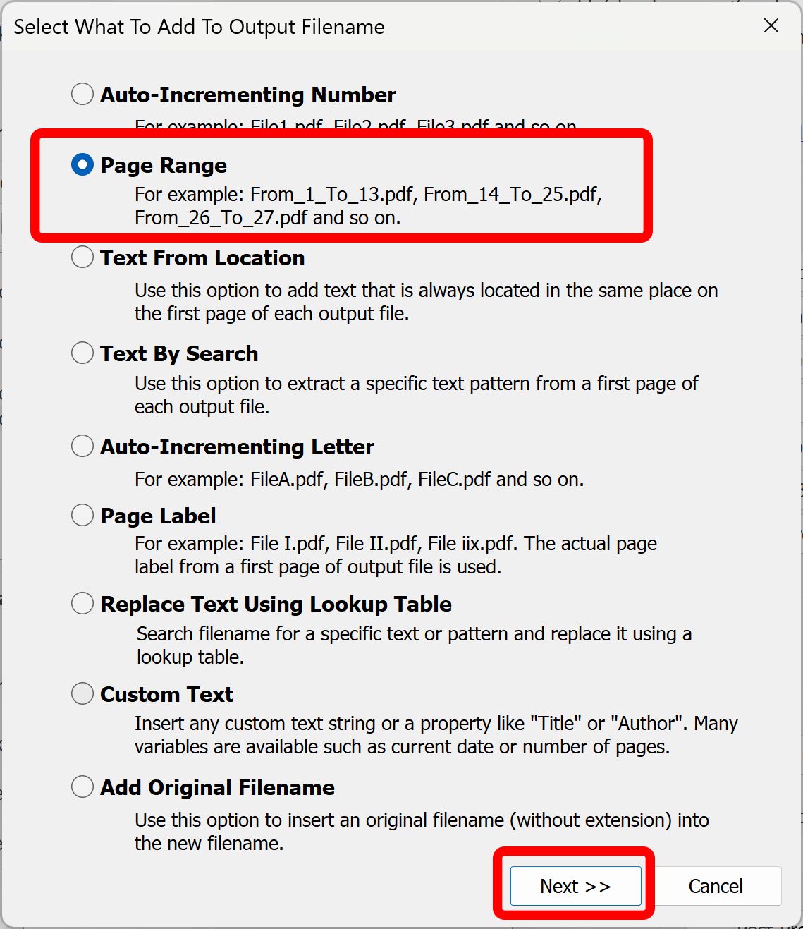 Select Page Range option