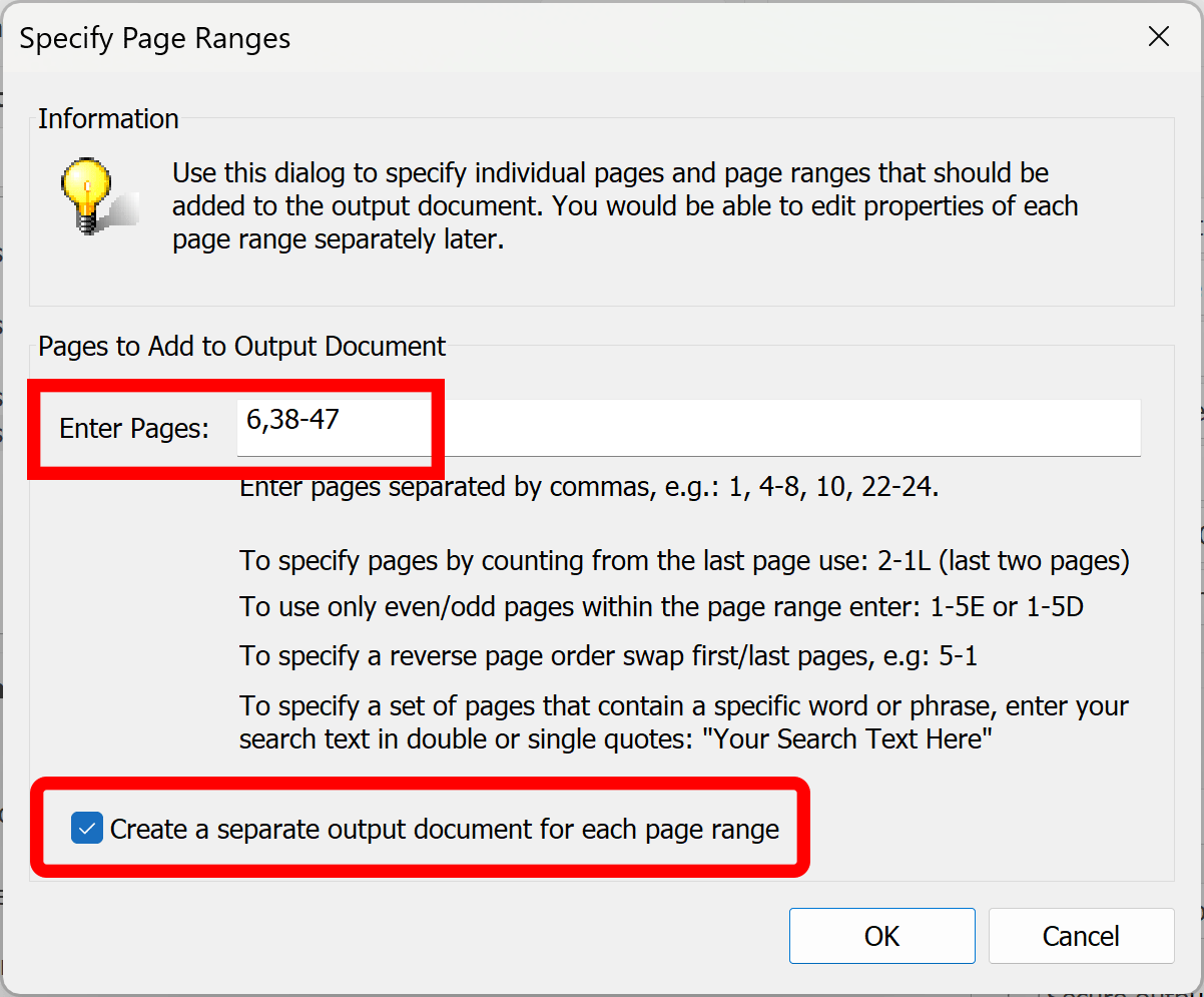 Specify page ranges