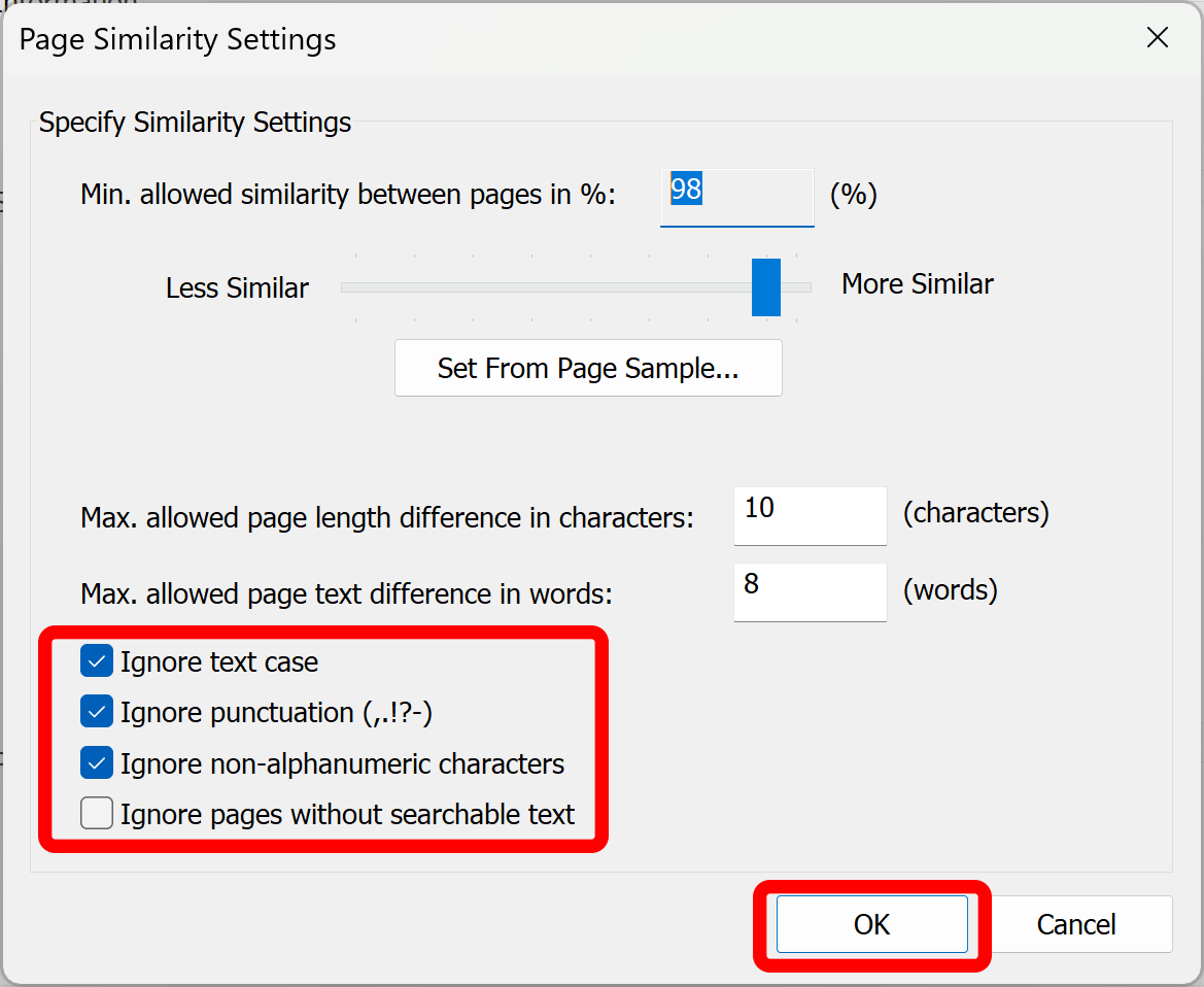 Specify text filtering options