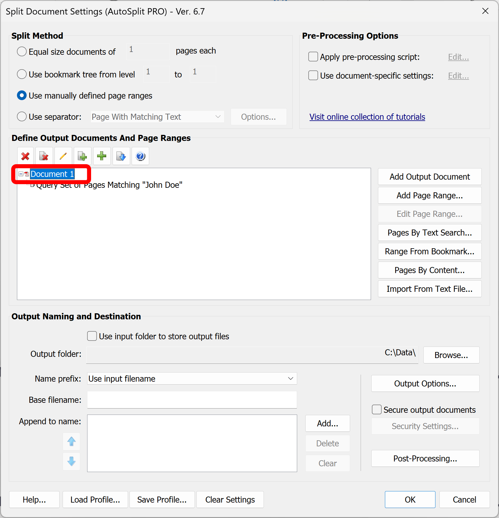 Output document options