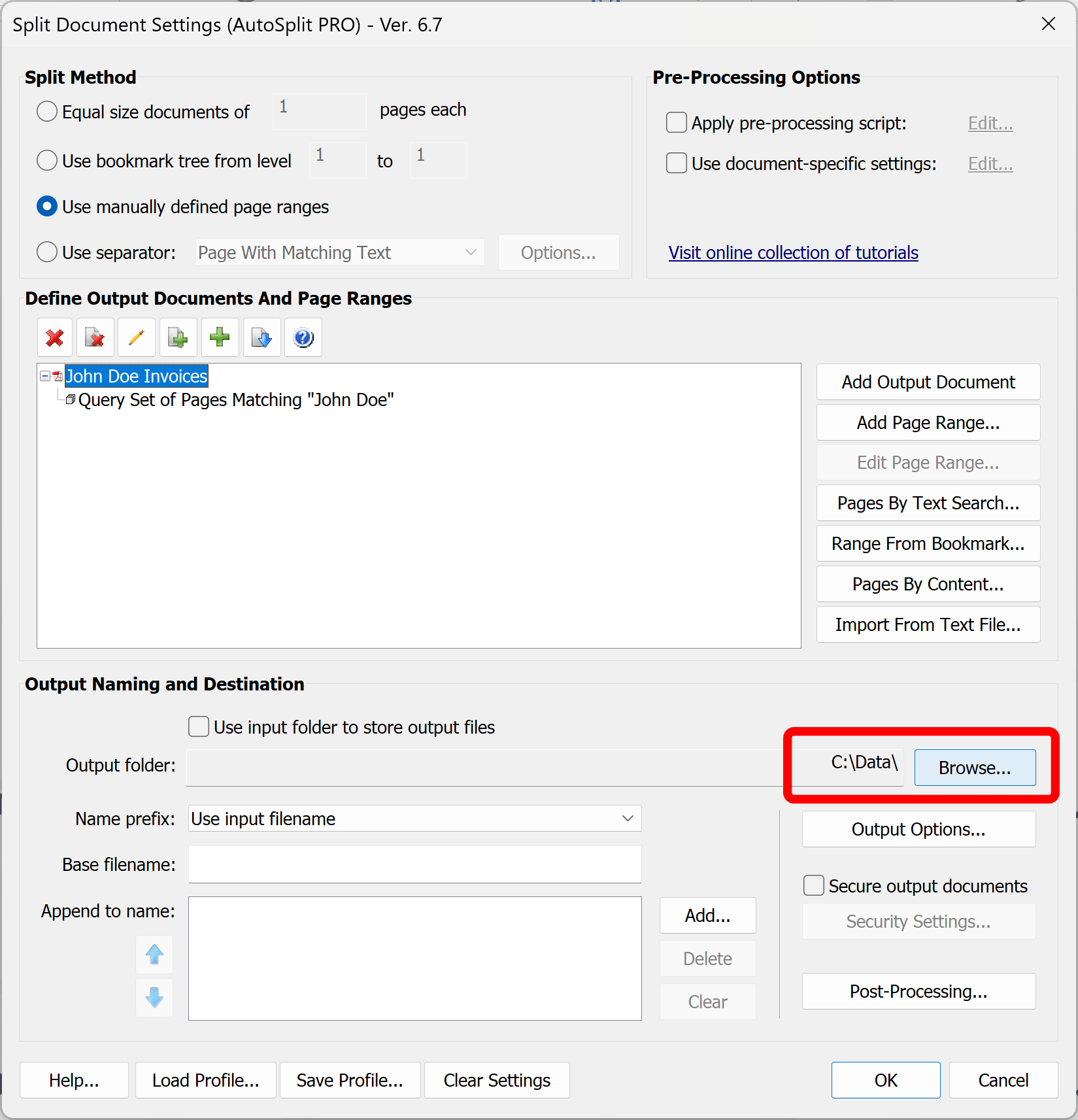 specify output folder