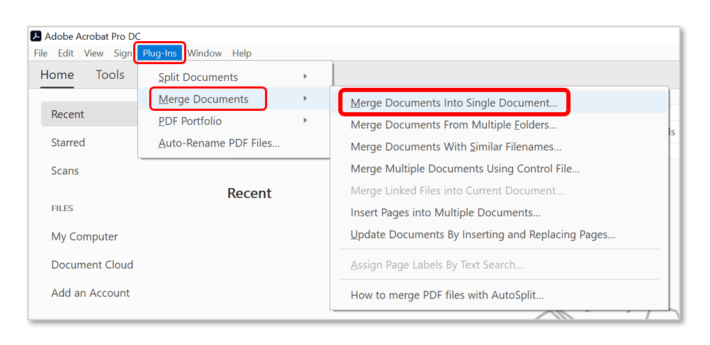 Plug-Ins > Merge Documents > Merge Documents into Single Document...