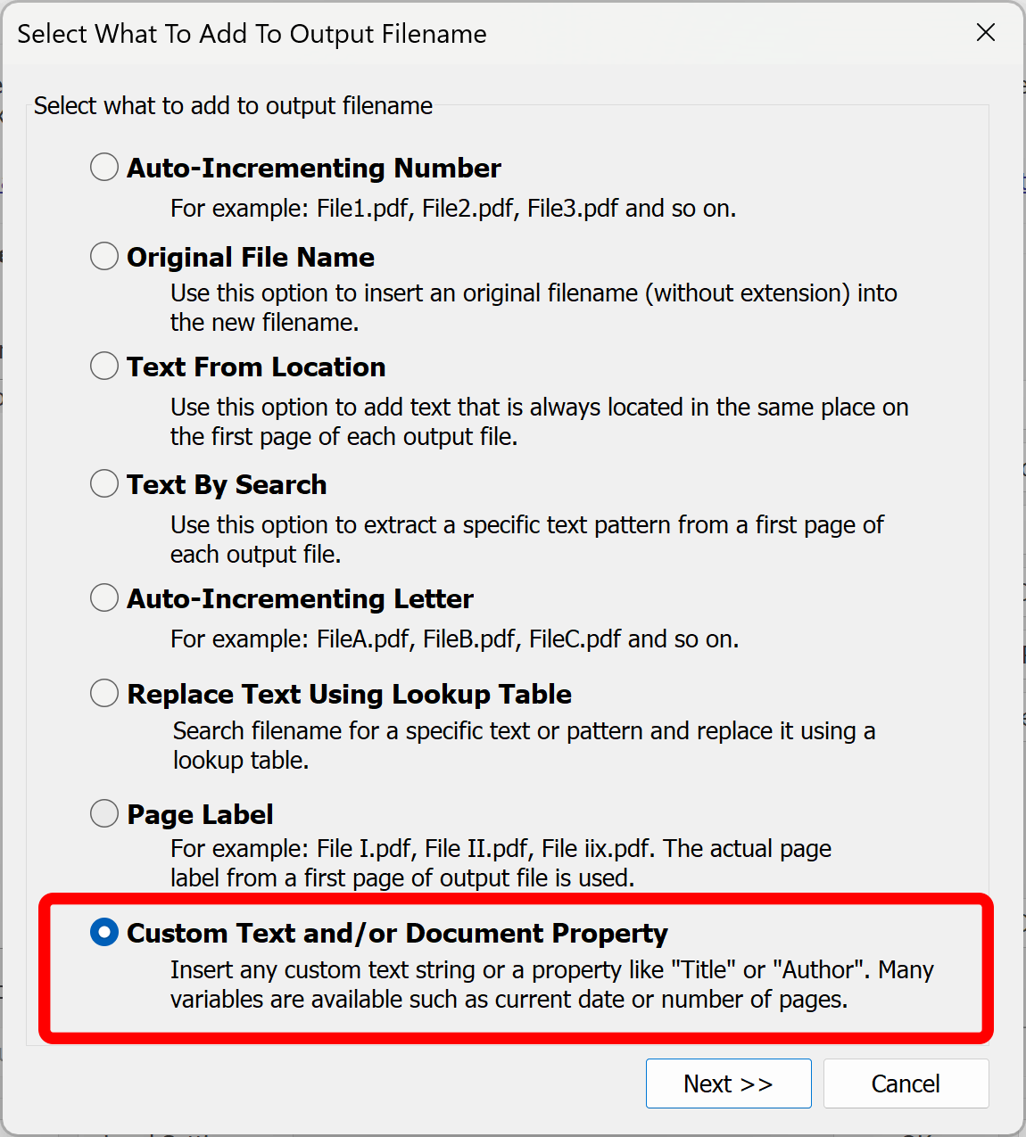 Select use custom text option