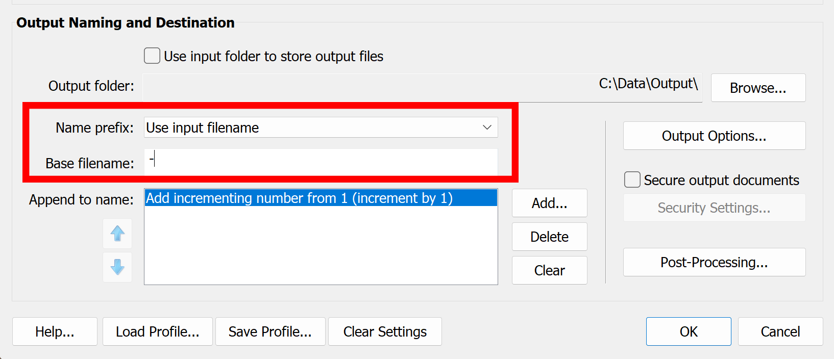 Select input filename and enter a dash