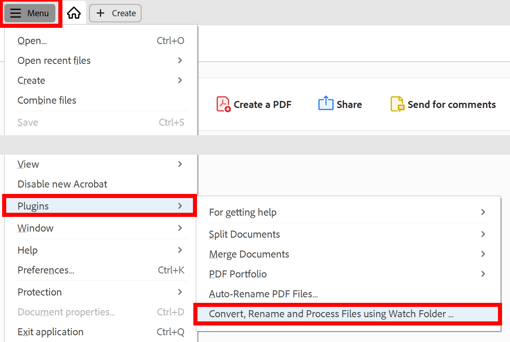 Using new Acrobat menu to access watch folder functionality