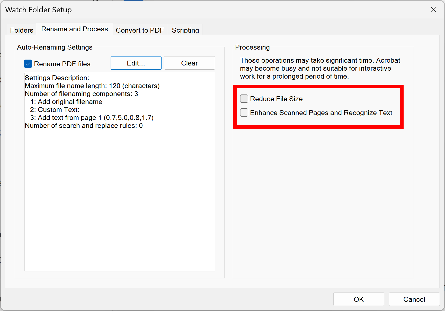 Select processing options such as Reduce File Size