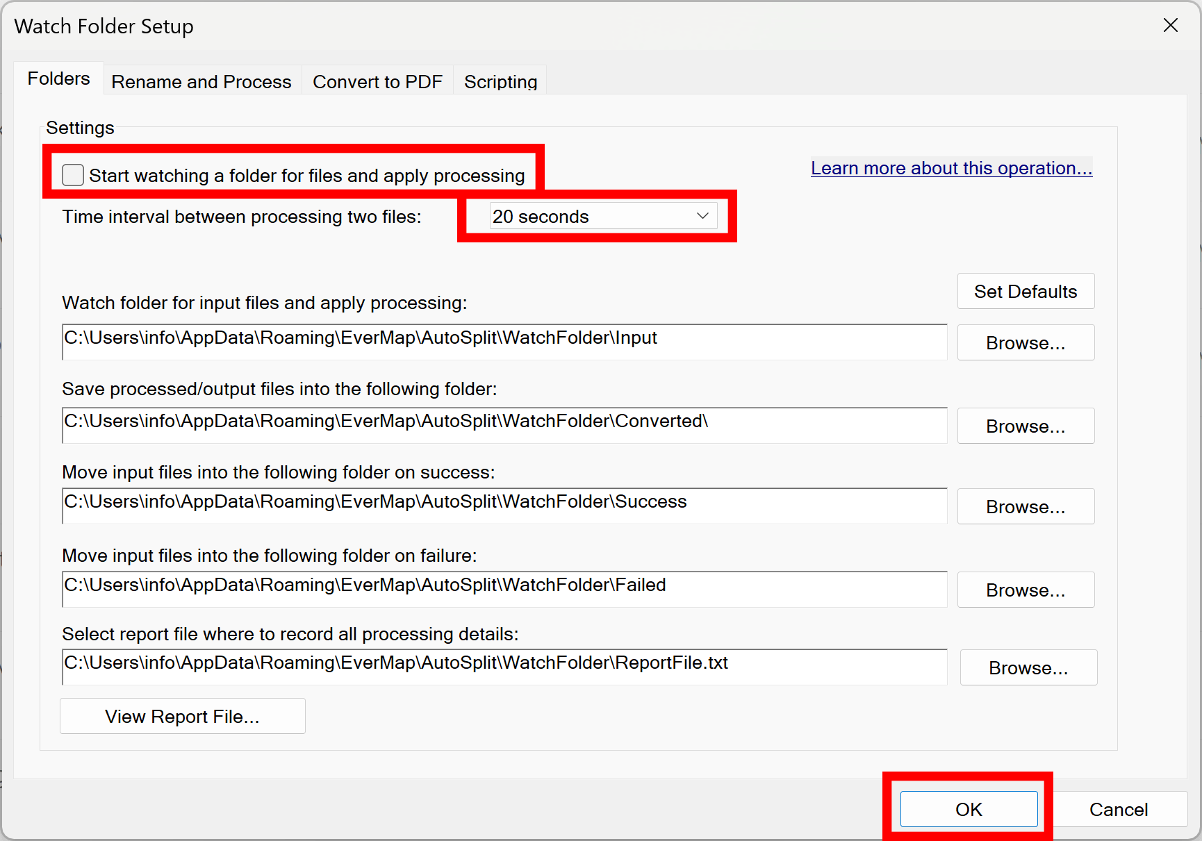 Specify time interval between processing two files