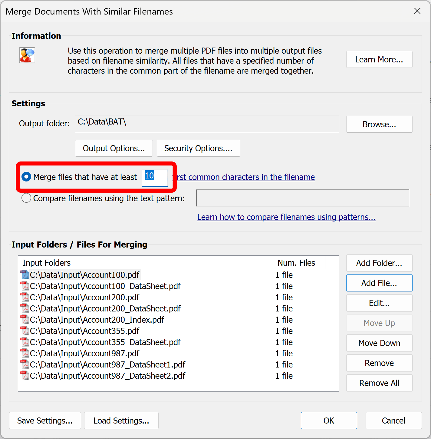 Specify how to determine filename similarity