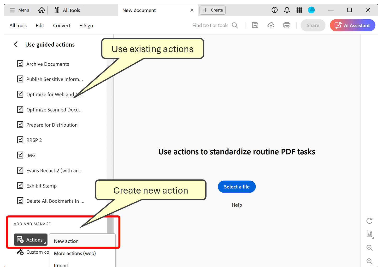 Use existing actions or create new PDF processing action in Adobe Acrobat