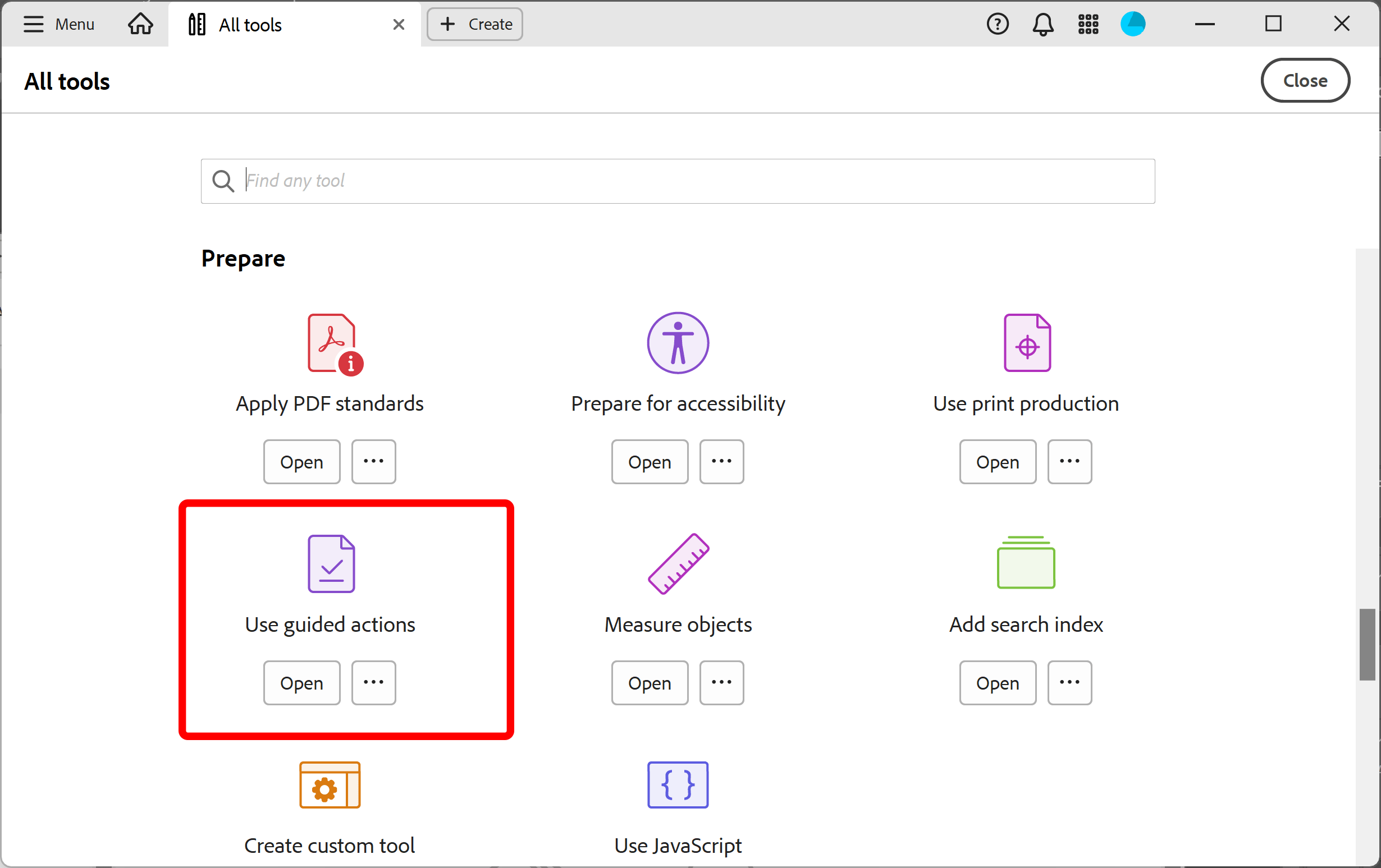 Select Use Guided Actions from Tools panel in Adobe Acrobat